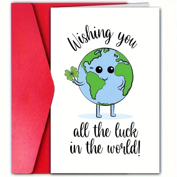 Cute Luck Greeting Card  Wishing You All the Luck in the World Earth Character Design  Envelope Included, Blank Inside  Perfect for Good Luck Wishes and Encouragement