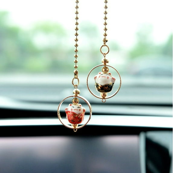 Cute Lucky Cat Ceramic Car Rearview Mirror Hanging Ornament Car Interior Decor