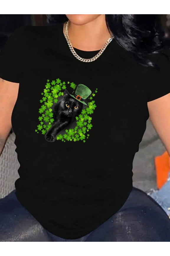 Cute Lucky Clover Black Cat Women's Graphic Short Sleeve T-Shirt