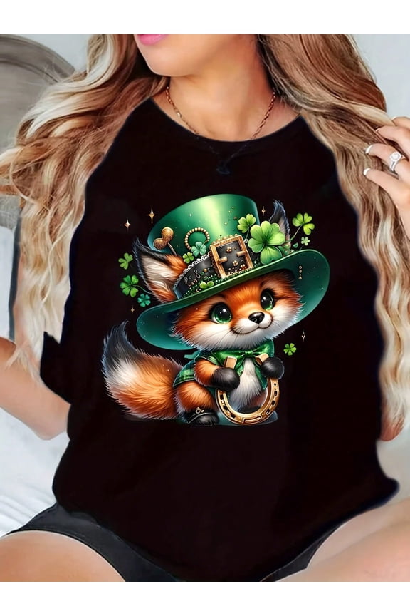 Cute Lucky Clover Fox Animal for Women Short Sleeve Graphic T-Shirt