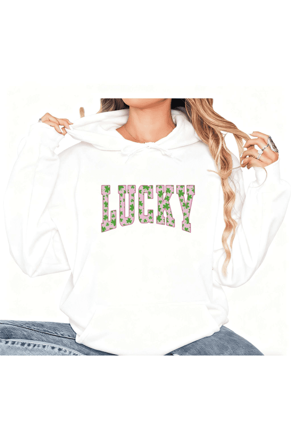 Lucky Clover Letter Print hoodie Graphic Sweatshirt White S-2XL Womens St Patricks Day Holiday Tops
