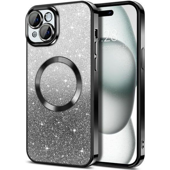 Cute Luxury Case for Apple iPhone 15 Plus Glitter Magnetic Case for Girls Women Bling Sparkle Shining Glitter Luxury, Black