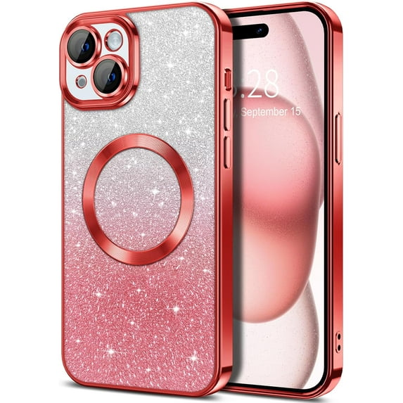 Cute Luxury Case for Apple iPhone 15 Plus Glitter Magnetic Case for Girls Women Bling Sparkle Shining Glitter Luxury, Red