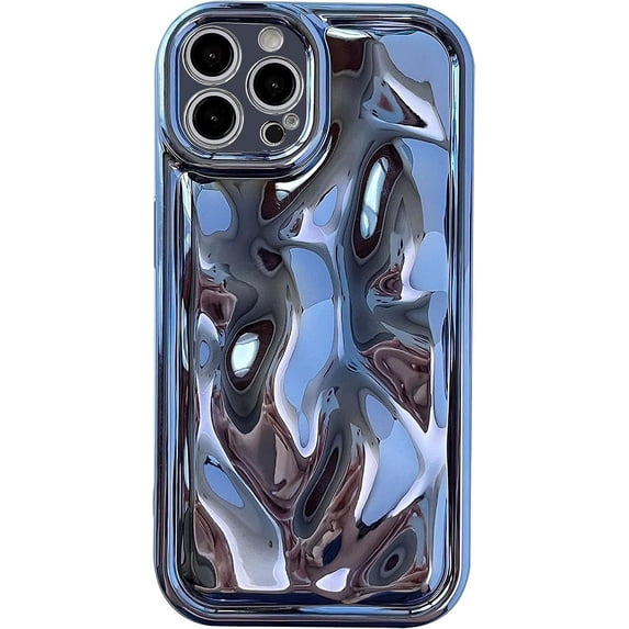Cute Luxury Glossy Meteorite Texture Water Ripple Shape Camera Lens Protection Case, Electroplate Soft Shockproof Back Cover for iPhone 14 Pro (Blue)
