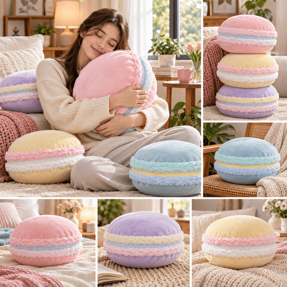Cute Macaron Throw Pillow Plush Round Cushion Decorative Pillow Pastel Style for Sofa Couch Bed Nursery Kids Room Decor
