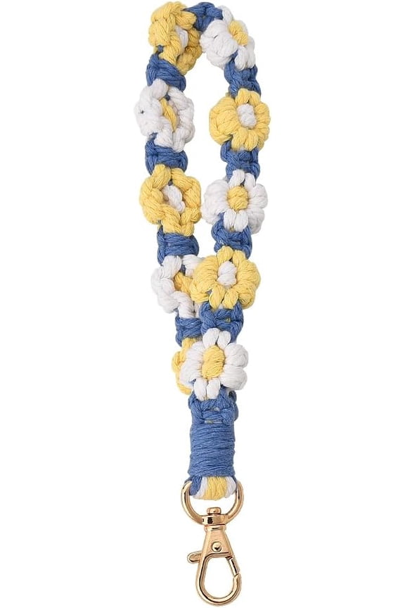 Cute Macrame Wristlet Keychain Handmade Braided Flower Wrist Lanyard for Keys Weave Bracelet Keychains Blue Daisy Keychain Wristlet Strap Floral Crochet Keychain for Women Girls Aesthetic Stuff