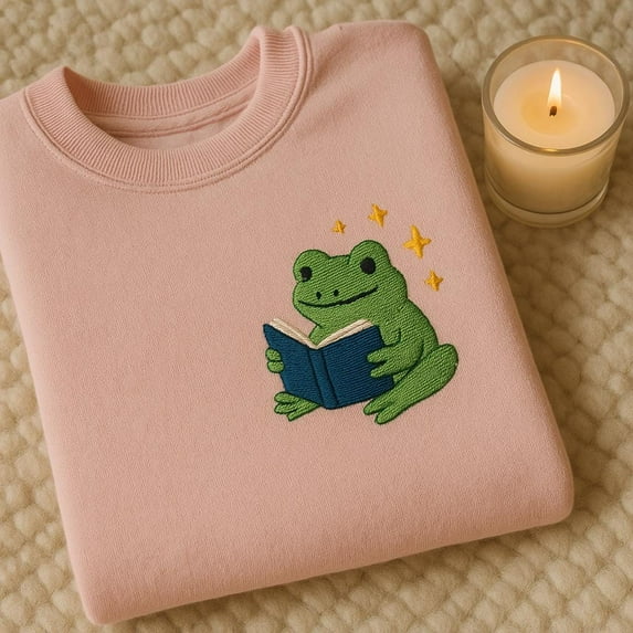Cute Magic Frog Reading Book Embroidered Sweatshirt, Sparkly Bookworm Frog Lover Gift, Cottagecore Amphibian Hoodie