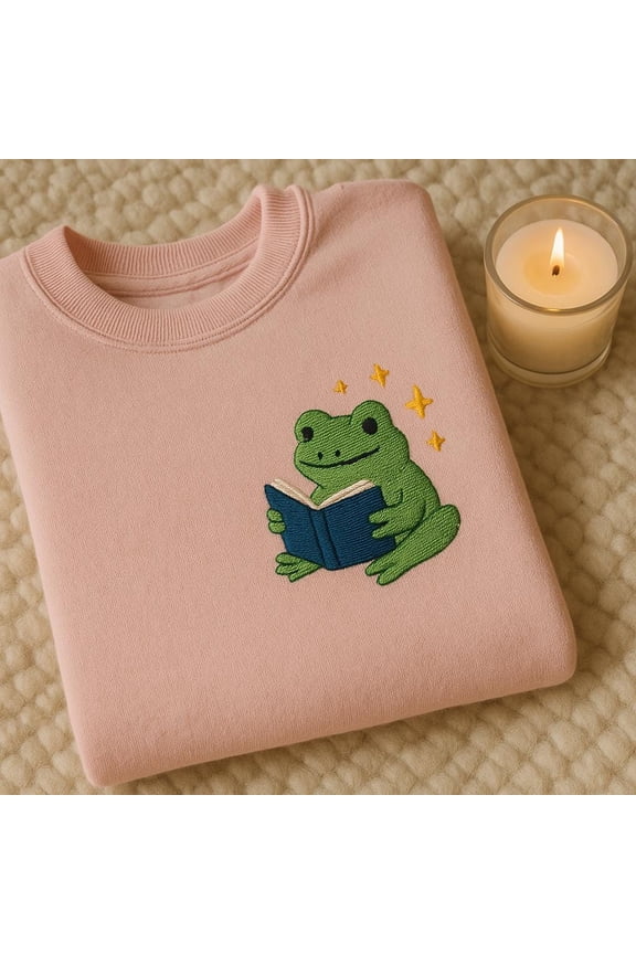 Cute Magic Frog Reading Book Embroidered Sweatshirt, Sparkly Bookworm Frog Lover Gift, Cottagecore Amphibian Hoodie
