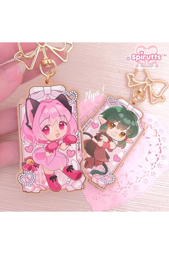 Cute Magical Cat Couple Wooden Keychain Kawaii Anime Chibi Cartoon Bag Charm Pendant Backpack for Fan, random 1 pack