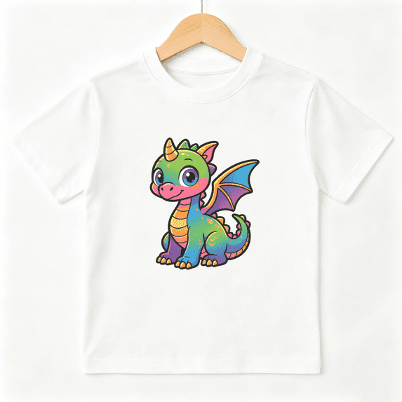 Cute Magical Dragon Girls Graphic Tee, Colorful Rainbow Fantasy 100% Cotton Kids Short Sleeve T-Shirt