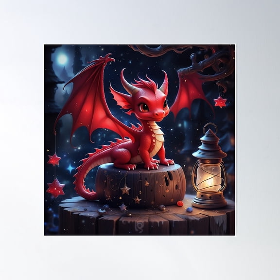 Cute Magical Fantasy Red Dragon Poster Wall Art, Modern Wall Decor For Living Room Bedroom, 16x16 UNFRAMED