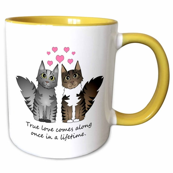 3drose, Cute Maine Coon Cats - True Love Comes Along Once in a Lifetime - Silver and Brown Tabby White, 11oz Two-tone Yellow Mug