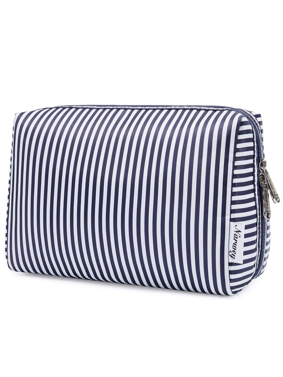 Cute Makeup Bag Travel Cosmetic Bag Organizer Toiletry Bag Make up Bags with Compartments Pouch Purse for Women & Men, Blue Stripe
