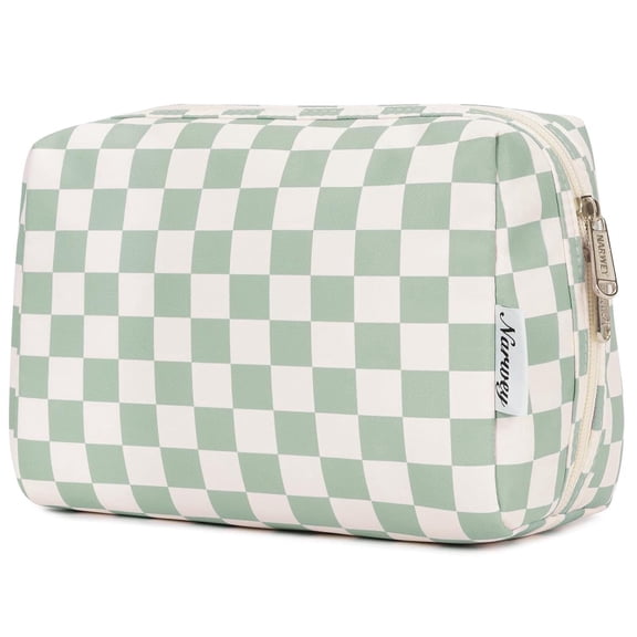 Cute Makeup Bag Travel Cosmetic Bag Organizer Toiletry Bag Make up Bags with Compartments Pouch Purse for Women & Men, Mint Green Checkerboard