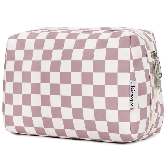 Cute Makeup Bag Travel Cosmetic Bag Organizer Toiletry Bag Make up Bags with Compartments Pouch Purse for Women & Men, Pink Checkerboard