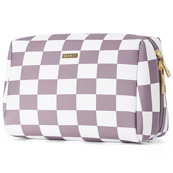 Cute Makeup Bag Travel Cosmetic Bag Organizer Toiletry Bag Make up Bags with Compartments Pouch Purse for Women, PU Leather, Pink Checkerboard