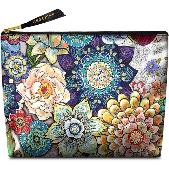 Cute Makeup Bag for Purse Waterproof Cosmetic Bags for Women Funny Smooth Zipper Travel Toiletry Pouch 10X8 Inches-Boho Floral Makeup pouch