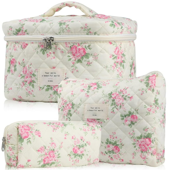 Cute Makeup Bag for Women(4 Pcs), Travel Cosmetic Bags, Quilted Coquette Aesthetic Floral Toiletry Organizer Bag