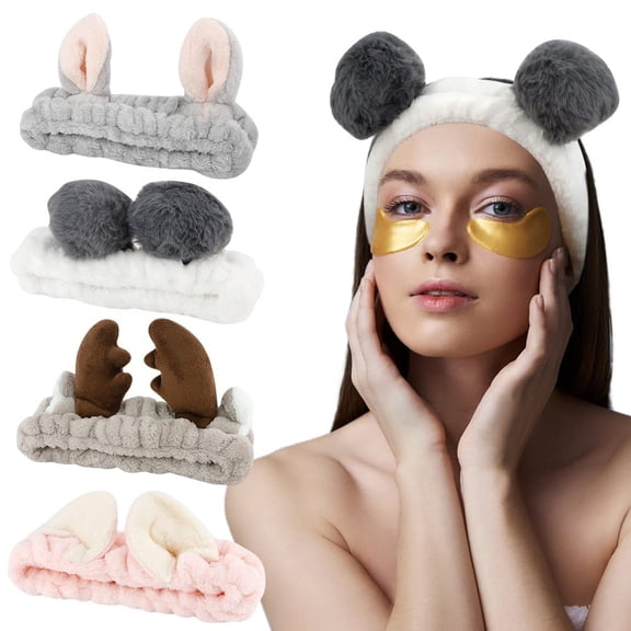 Cute Makeup Spa Fuzzy Skincare Headband Washing Face Headband for Women Girls Coral Fleece Elastic Hair Band Cosplay Makeup Party, 4Pcs