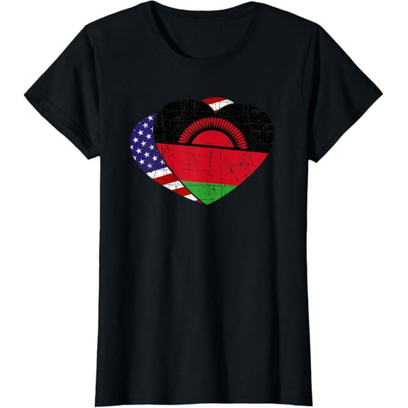 Cute Malawian American Flag Hearts Malawi T-ShirtMen and women, Black T-shirt, size: Extra large S-4XL
