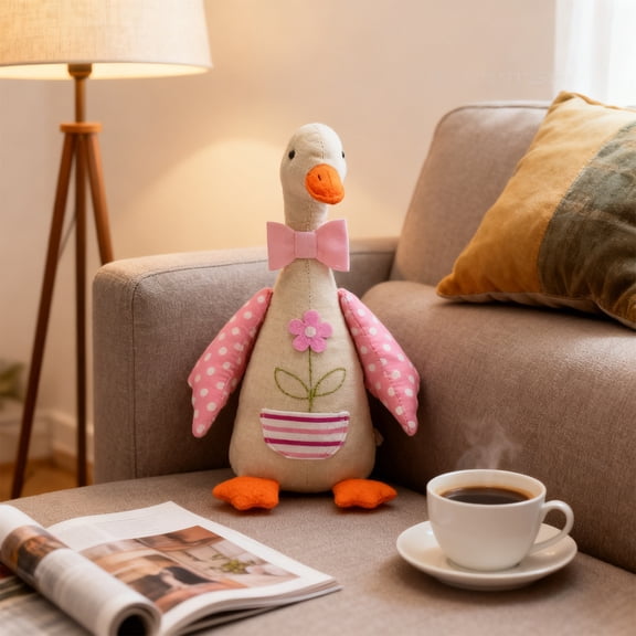 Cute Mallard Duck Plush Toy | Handmade Fabric Stuffed Animal | Pink & Green Polka Dot Decorative Figurine | 1 Piece