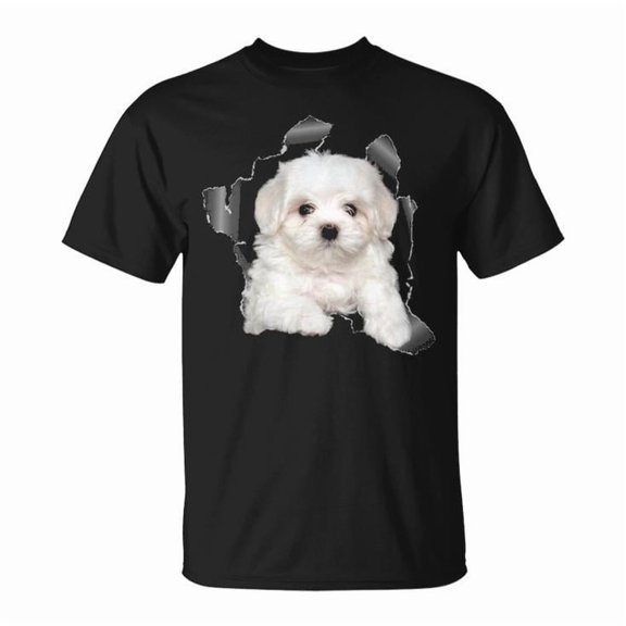 Cute Maltese Dog Lover Design Unisex Adult Cotton Tee for Maltese Owners Puppy Fans Casual Wear, Size L, Color Black