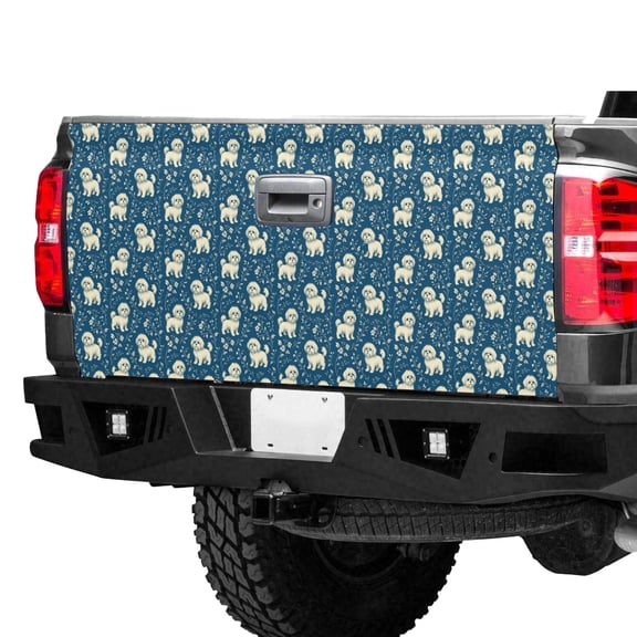 Cute Maltese Dog Tailgate Wrap – Floral Puppy Pattern Truck Tailgate Decal, Vintage Blue Flower Dog Lover Pickup Tailgate Graphic, Cute Pet Truck Wrap