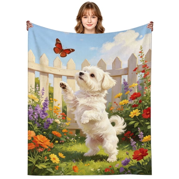 Cute Maltese Puppy Blanket Gifts for Women Men Adults Dog Lovers,Warm Cozy Colorful Flowers Butterfly Maltese Puppies Throw Blankets for Couch Sofa Home Decor 50x40 Inch