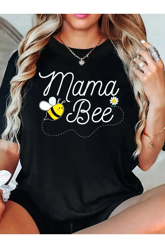 Cute Mama Bee Graphic T-Shirt for Women, Funny Mother's Day Gift Tee, Adorable Queen Bee Inspired Short Sleeve Casual Top