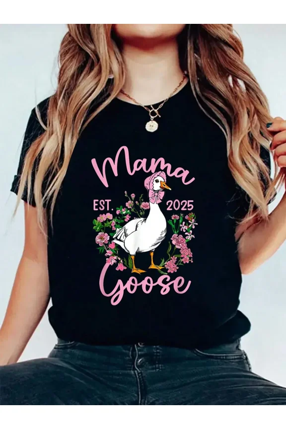 Cute Mama Goose Est 2025 Pregnancy Announcement T-Shirt, Floral New Mom Expecting Motherhood Tee, Adorable Future Mother Gift Top