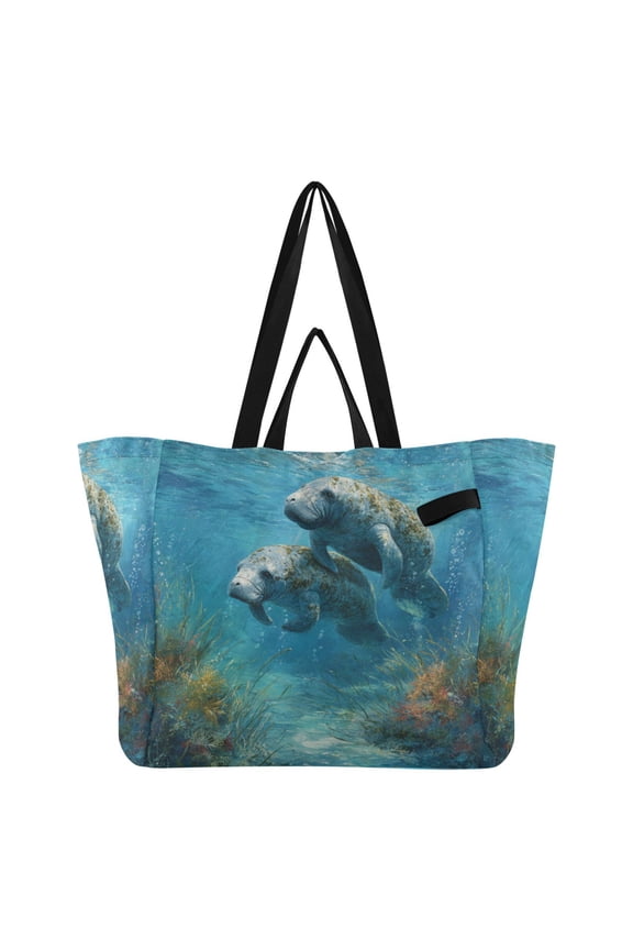 Cute Manatee Canvas Tote Bag Large Capacity Reusable Tote with Double Handles, Foldable Heavy Duty Shopping Beach Laundry Bag, 32L