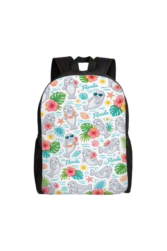 Cute Manatee Tropical Ocean Backpack Full Front Print Travel Laptop Bag for Men and Women