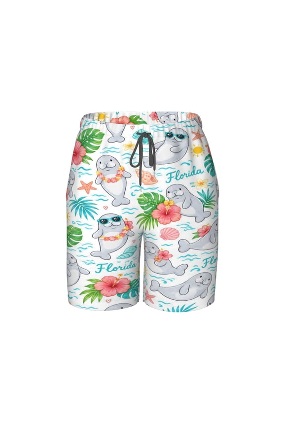 Cute Manatee Tropical Ocean Beach Pants Lightweight Teen Shorts with Mesh Lining and Drawstring