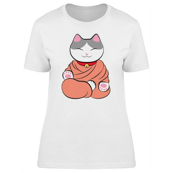 Cute Maneki Neko Buddha Kitten T-Shirt Women -Image by Shutterstock, Female Large