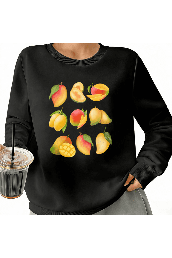 Cute Mango Grid Womans Print Sweatshirt Graphic Sweatshirt Black White S-3XL Cozy Pullover Tops