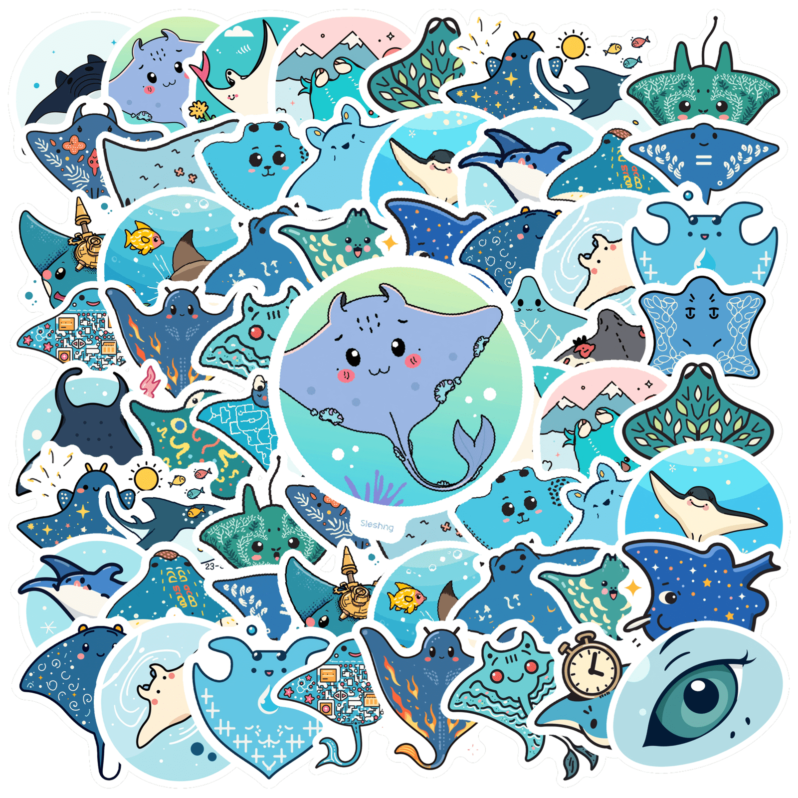 Cute Marine Life Stickers Ocean Animal Decals Cartoon Manta Ray for ...