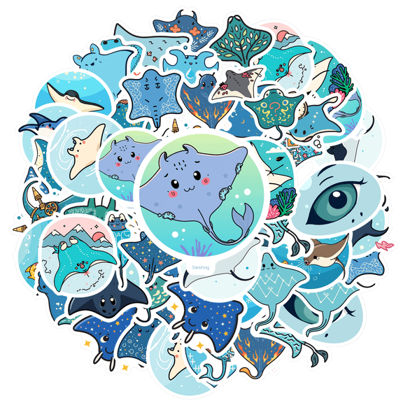 Cute Marine Life Stickers Ocean Animal Decals Cartoon Manta Ray for Luggage Laptop Phone