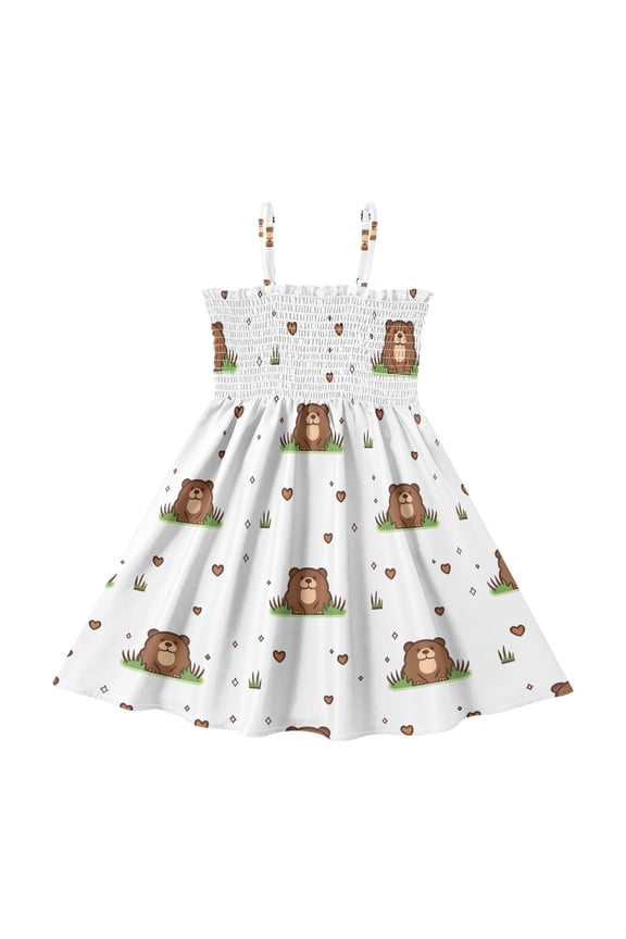 Cute Marmot Pattern Girls' Casual Dresses 2Y-8Y Sleeveless Ruffle Neck for Summer Daily Wear