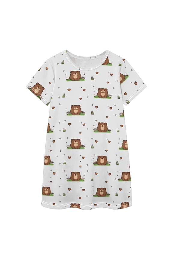 Cute Marmot Pattern Girls' Casual Dresses Short Sleeve Cotton Dress for School Daily Wear 2T