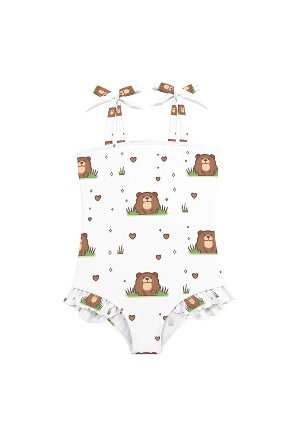 Cute Marmot Pattern Girls' One-Piece Swimsuit Bowknot Tie Shoulder Ruffled Stretchy Quick Dry