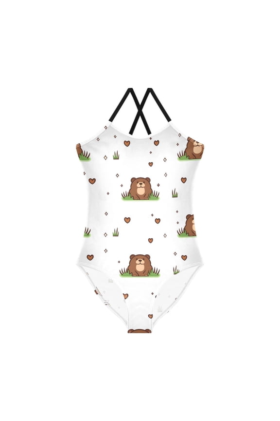 Cute Marmot Pattern Girls' One-Piece Swimwear 3T-10T Soft Stretchy for Beach Pool Water Park