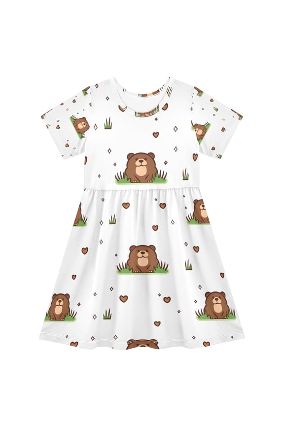 Cute Marmot Pattern Girls Short Sleeve Dress A Line Sun Protection Breathable Comfort Sundress 4T