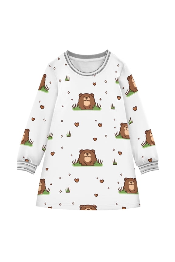 Cute Marmot Pattern Girls'long-sleeved dress Thickened A-dress Warm Dress Basic Shirt Party Dresses