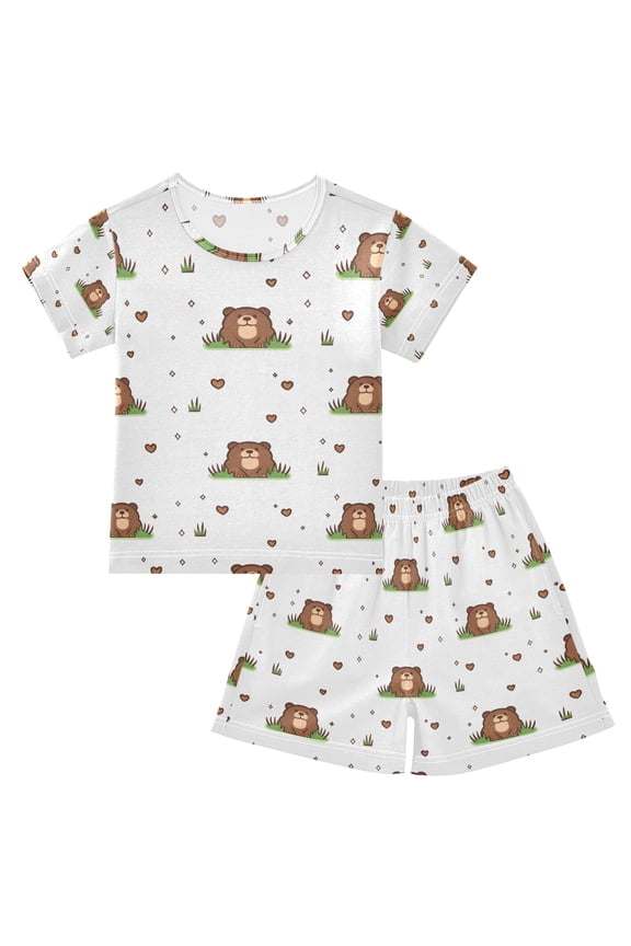 Cute Marmot Pattern Summer Pajama Set Soft Cotton Short Sleeve Sleepwear 2PCS Pajama Sets Breathable Lounge Set Size 14Y