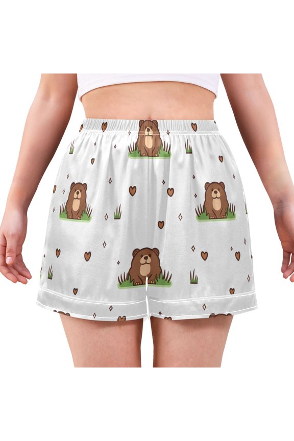 Cute Marmot Pattern Women's Pajama Shorts Silky Satin Casual Lounge Sleep Zero Pressure