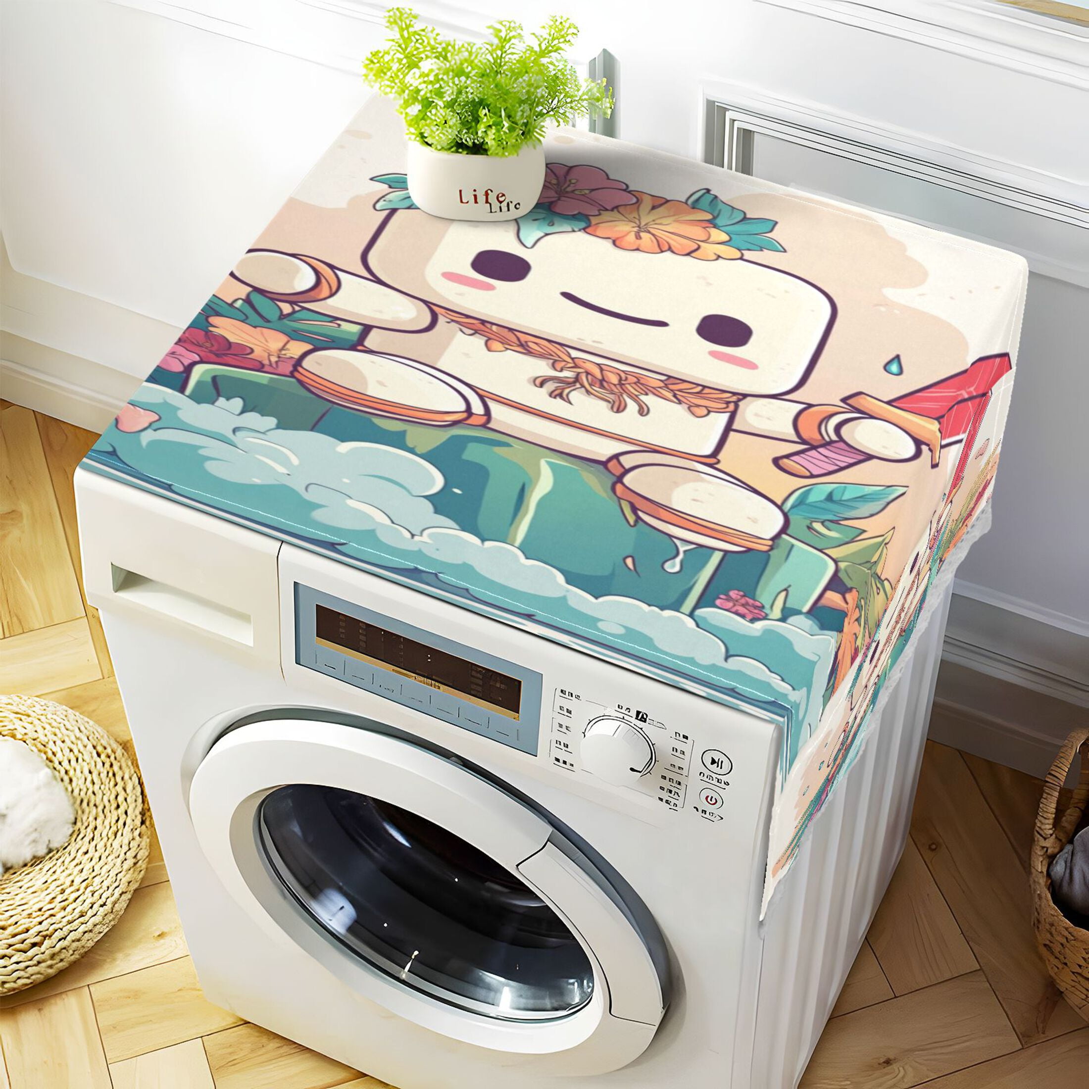 A Cute Marshmallow ManWasher and Dryer Covers Dust-Proof and Oil Resistant Fridge Cover with 4 Storage Pockets Washing Machine Top Cover for Laundry Kitchen Home 51.2 x 22 In