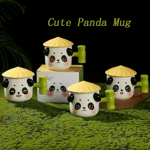 Cute Martial-art Panda Mug with Chivalrous Hat Shape Lids, Hand-painted Ceramic Coffee Mug, Creative Thickened Insulated Mug with Bamboo Shape Handle, Best Gifts Collection(Laughing Style)