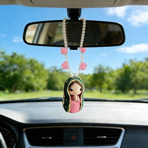 Cute Mary Statue Car Interior Decoration, Handmade Crochet Car Rearview Mirror Charm with Mary Statue, Elegant Religious Figurines Hanging Decor for Home, Office, and Car Interior Decor(B)
