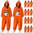 thumbnail image 1 of Cute Matching Halloween Pumpkin Onesie Costume for Adults, Flannel Hooded Pumpkin Pajamas with Cute Ghost Print, Halloween Pajamas Ultra Soft Loungewear Jumpsuit for Party and Seasonal Sleepwear, 1 of 5