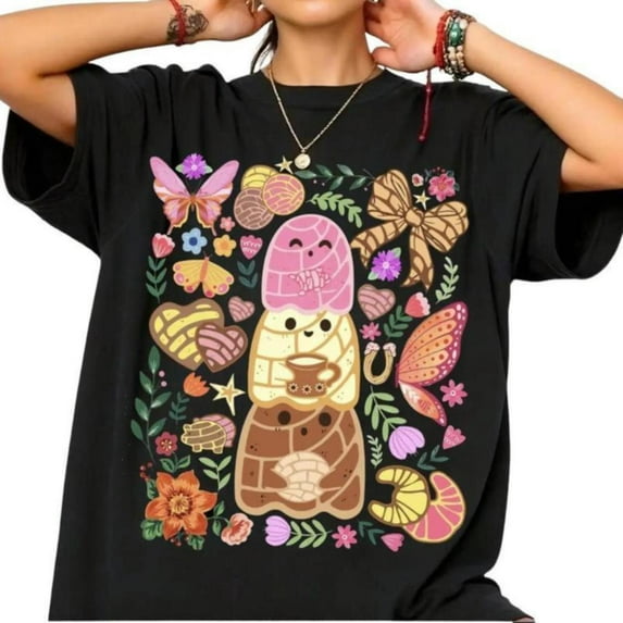 Cute Matryoshka Doll Graphic Tee, Floral Butterflies and Pastries Printed T-Shirt,Interesting design,Fashion,cotton,black,S-5XL